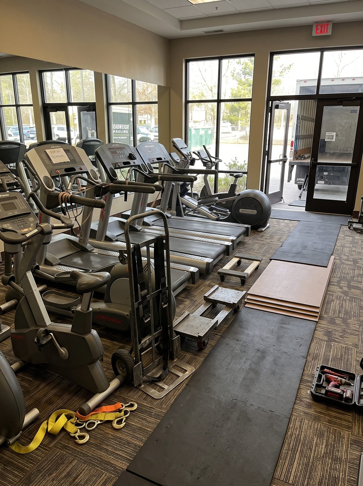 Commercial cardio staged for removal at a hotel fitness center